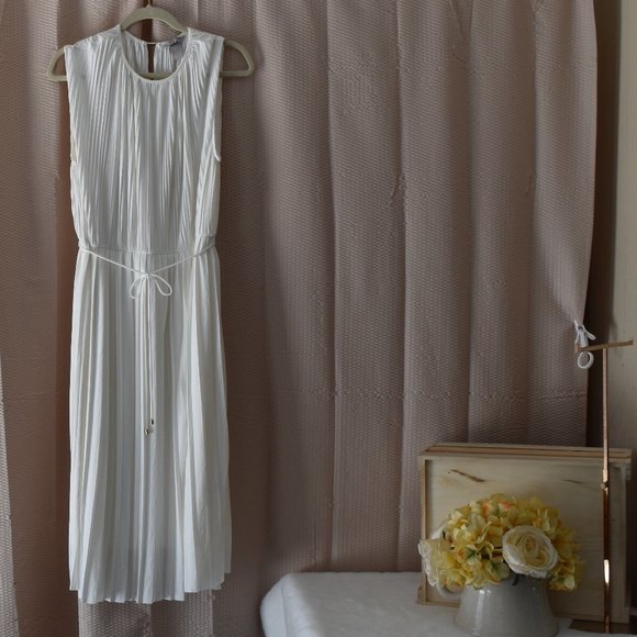 white pleated dress h&m Massimo Dutti Pleated Dress With Drawstring In White - 49% Off